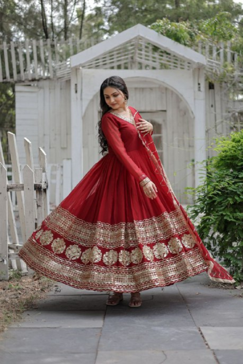 Faux Blooming Anarkali Gown in Maroon with Embroidered Dupatta