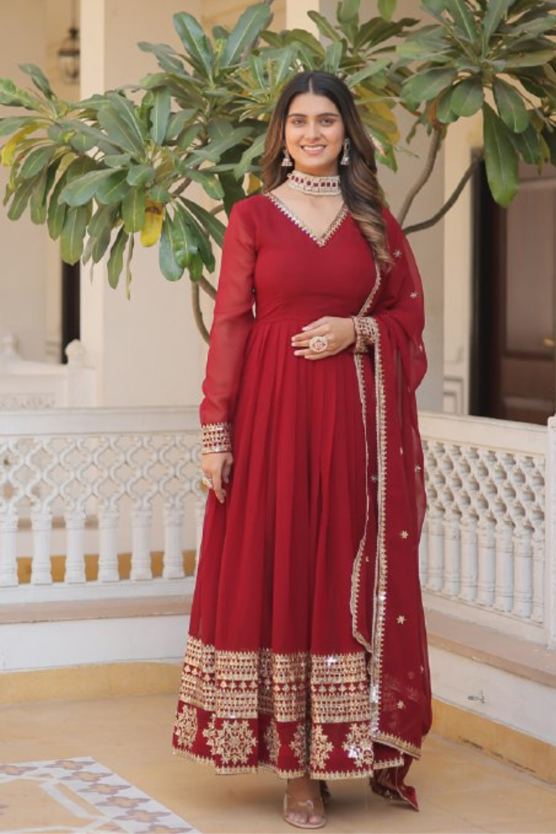 Faux Blooming Georgette Gown in Maroon with Embroidered Dupatta