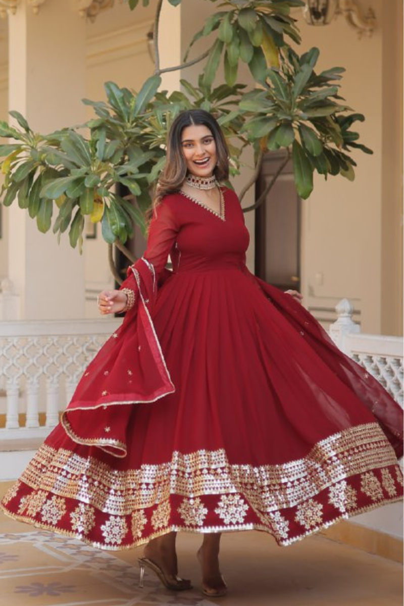 Faux Blooming Georgette Gown in Maroon with Embroidered Dupatta