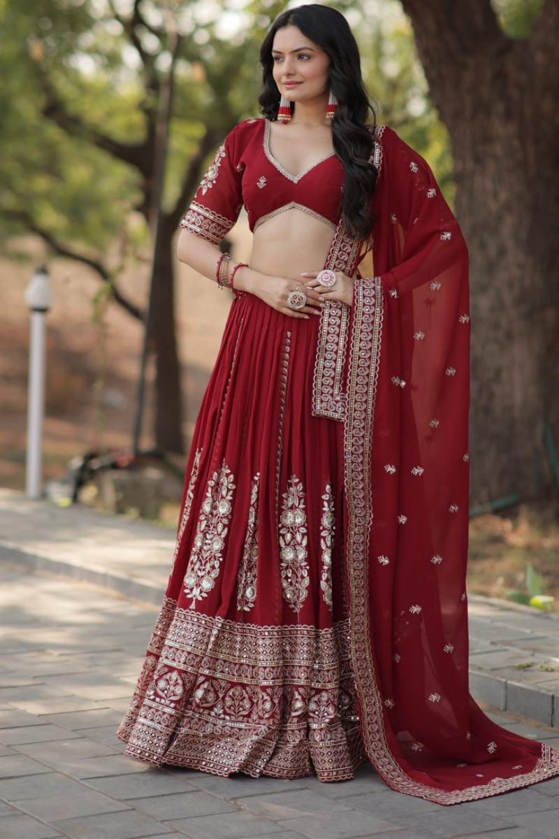 Georgette Lehanga Choli Dupatta Set in Maroon Faux Blooming