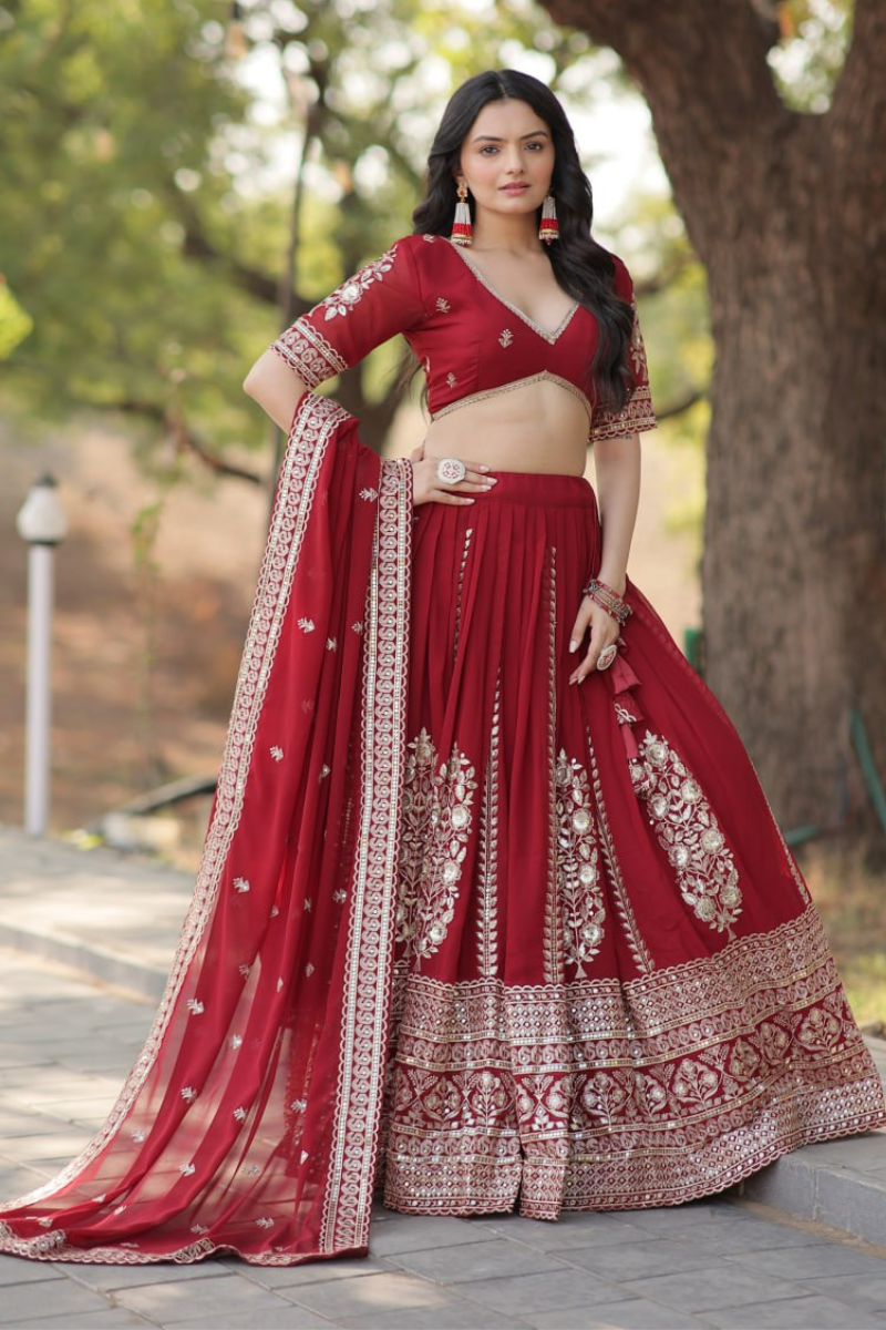 Georgette Lehanga Choli Dupatta Set in Maroon Faux Blooming
