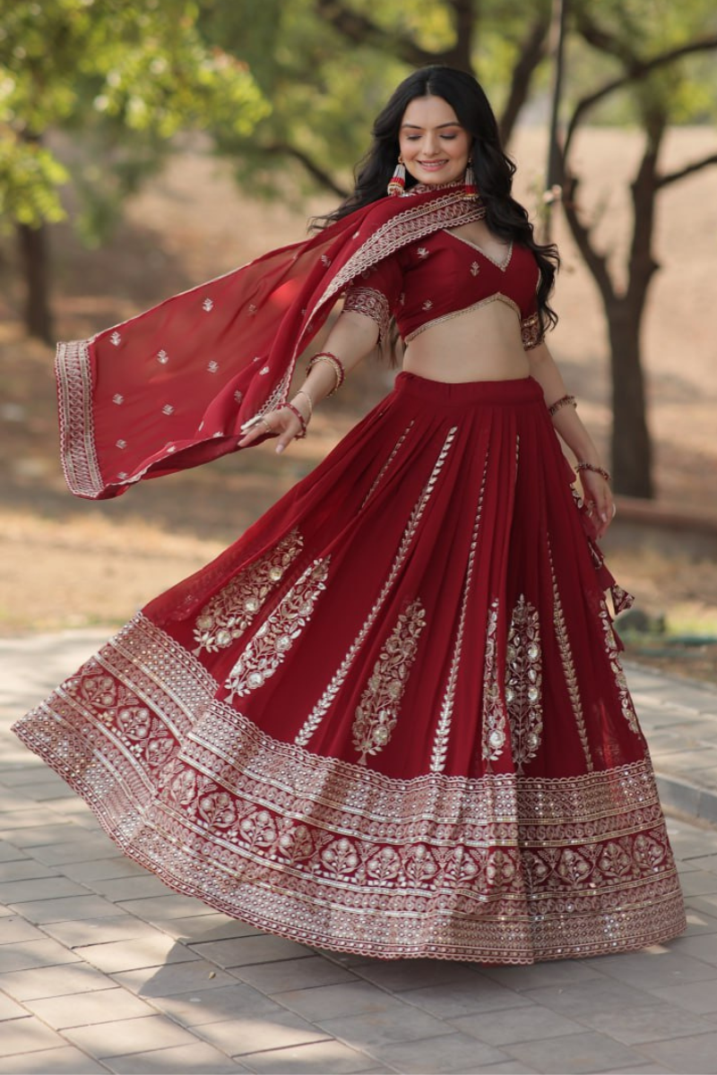 Georgette Lehanga Choli Dupatta Set in Maroon Faux Blooming