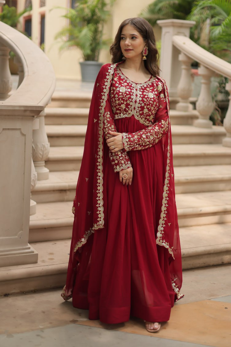 Faux Blooming Gown in Maroon with Zari Embroidered Dupatta