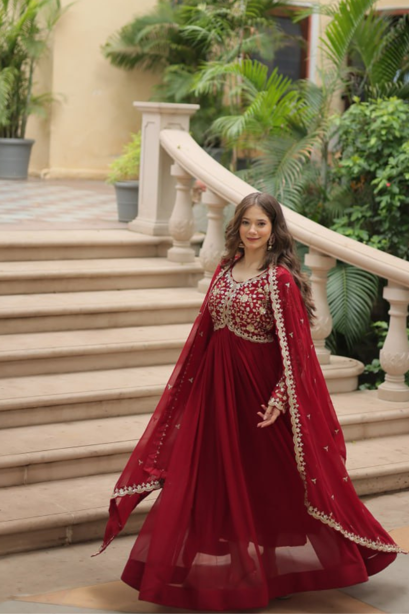 Faux Blooming Gown in Maroon with Zari Embroidered Dupatta