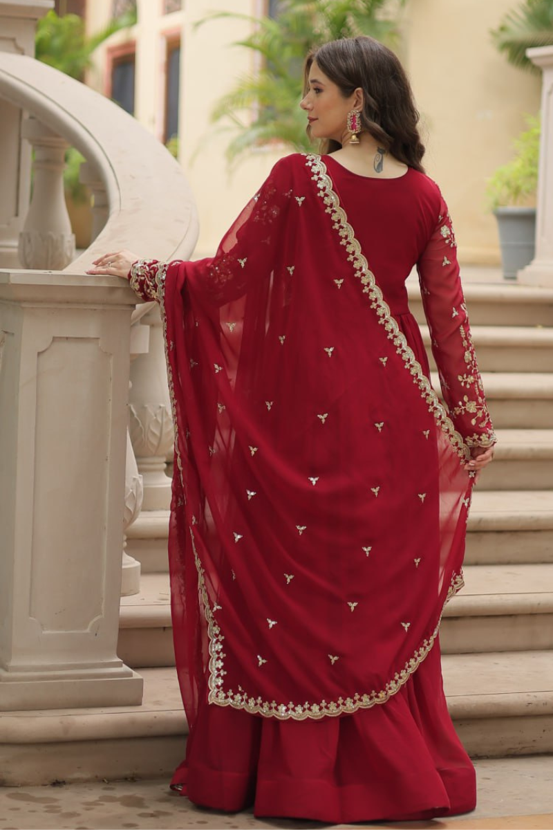 Faux Blooming Gown in Maroon with Zari Embroidered Dupatta