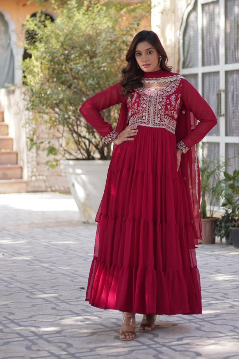 Faux Maroon Anarkali gown by Georgette with dupatta