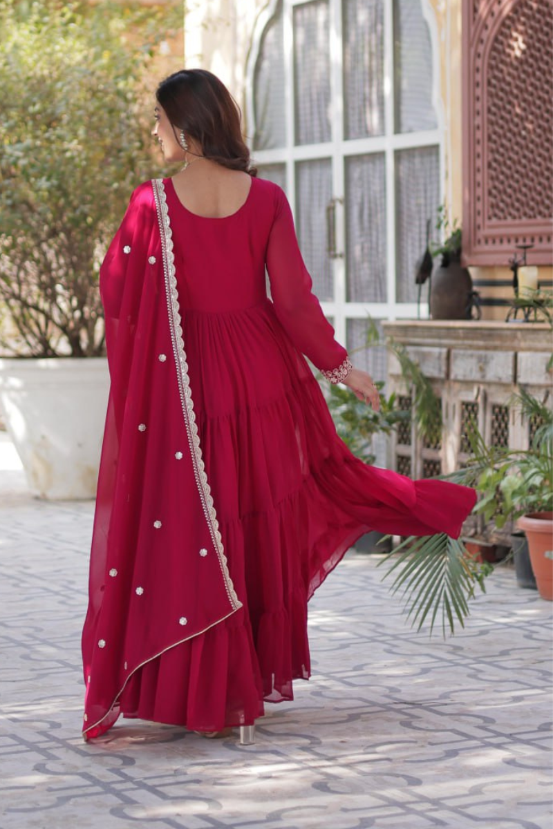 Faux Maroon Anarkali gown by Georgette with dupatta