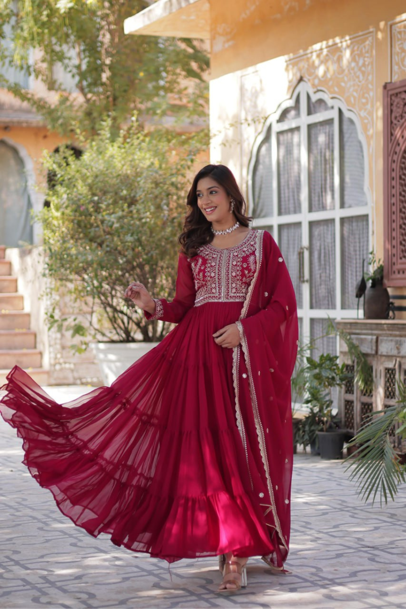 Faux Maroon Anarkali gown by Georgette with dupatta