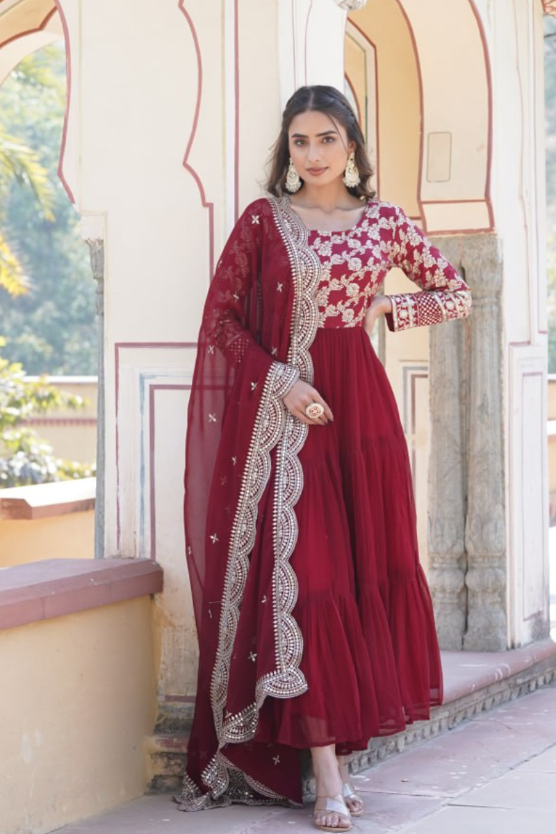 Diable Jacquard Gown in Maroon Viscose with Dupatta