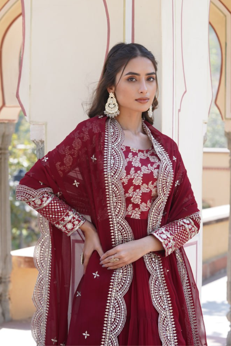 Diable Jacquard Gown in Maroon Viscose with Dupatta