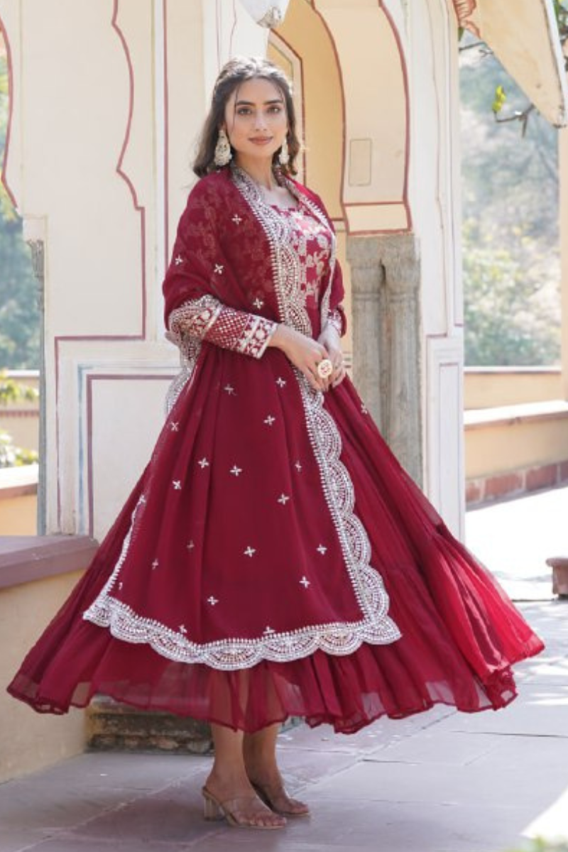 Diable Jacquard Gown in Maroon Viscose with Dupatta