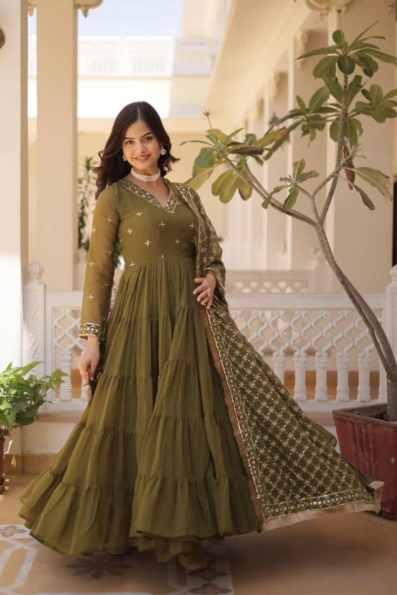 Fake Meahndi Georgette Gown Embroidered with Dupatta Sequins