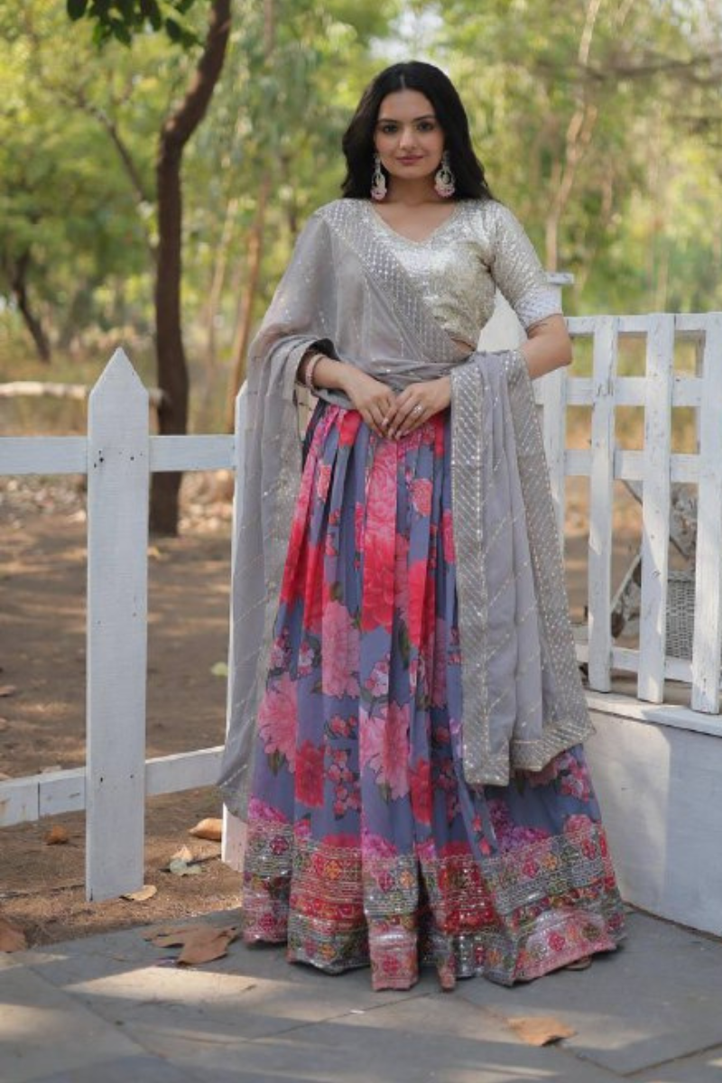 Digitally Printed Faux Multicolor Georgette Lehanga Dupatta with Choli