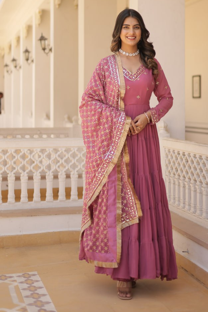 Faux Peach Georgette Gown Embroidered with Dupatta Sequins