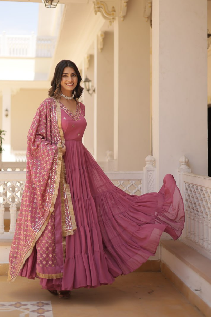 Faux Peach Georgette Gown Embroidered with Dupatta Sequins