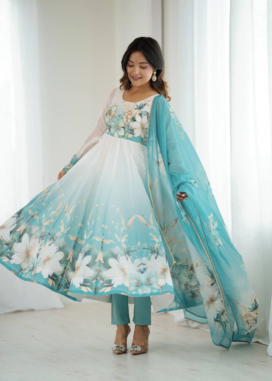 Designer Aqua Floral Print Anarkali Gown with Dupatta for Weddings & Festive Occasions