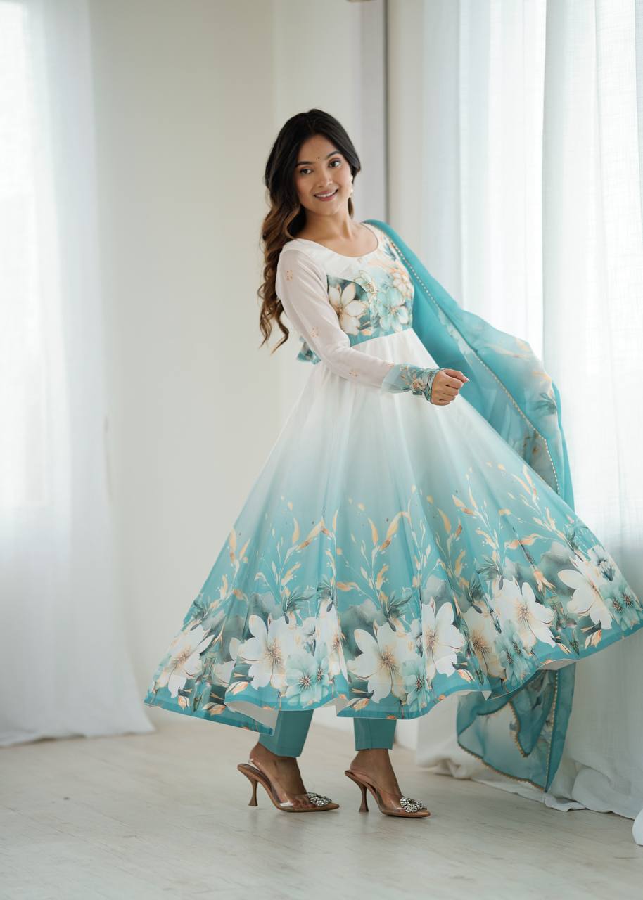 Designer Aqua Floral Print Anarkali Gown with Dupatta for Weddings & Festive Occasions