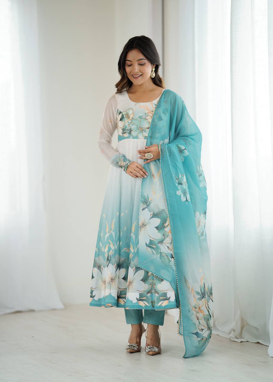 Designer Aqua Floral Print Anarkali Gown with Dupatta for Weddings & Festive Occasions