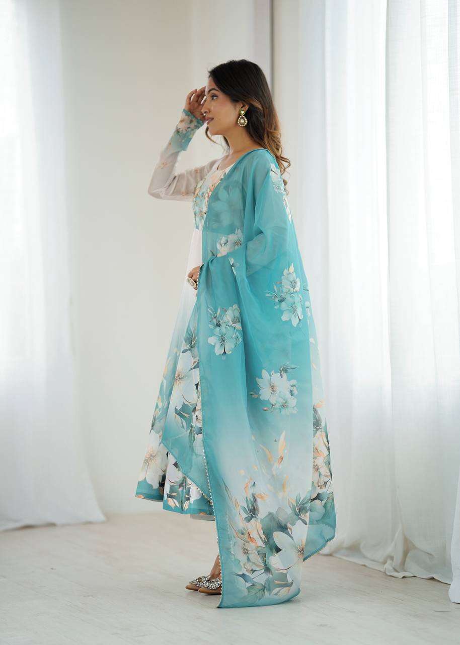 Designer Aqua Floral Print Anarkali Gown with Dupatta for Weddings & Festive Occasions