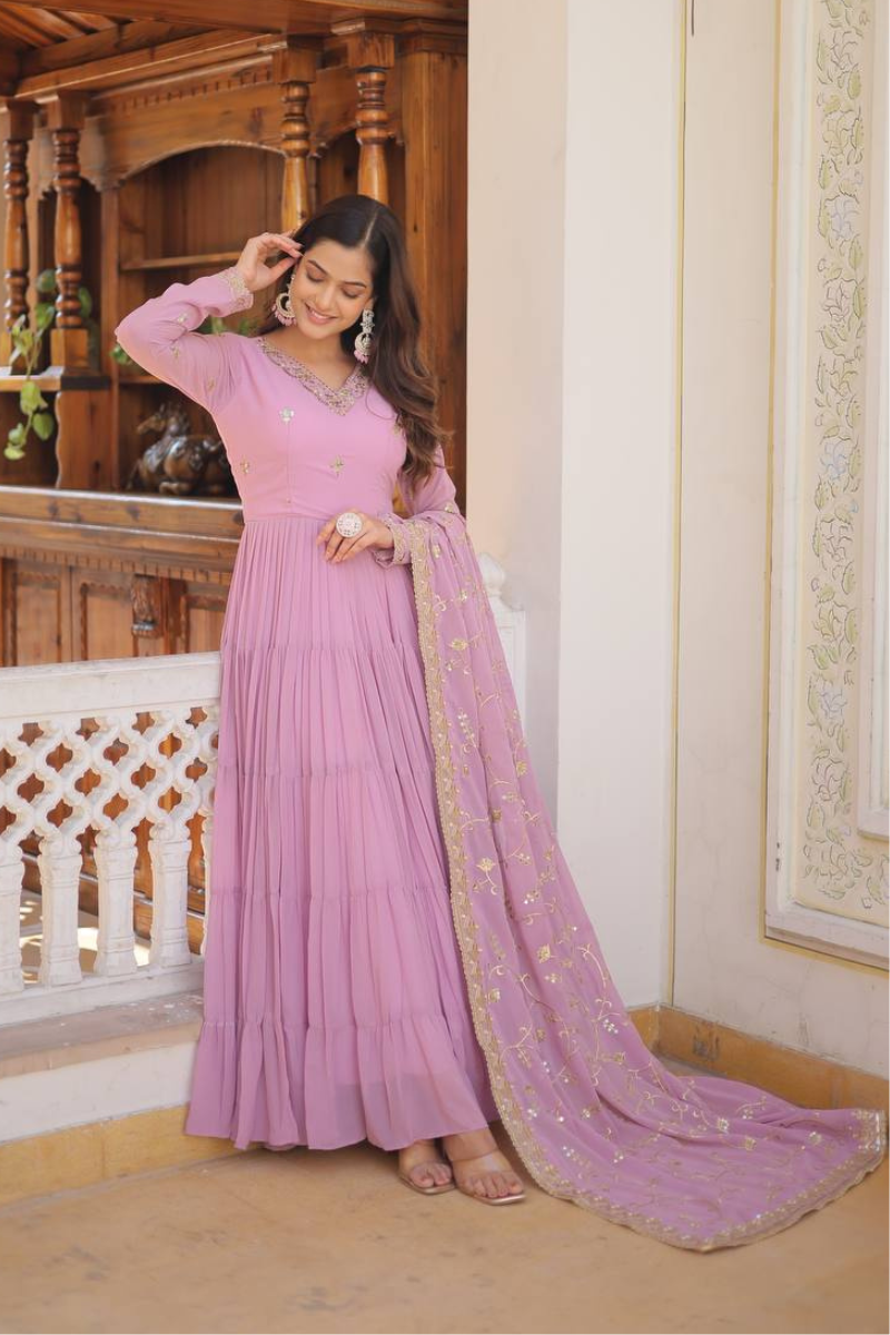 Pink Faux Georgette Dress with Embroidered Dupatta