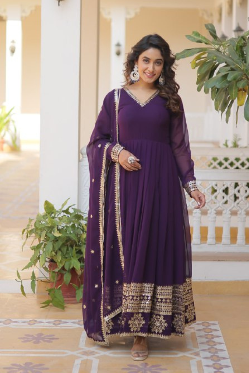 Purple Fake Blooming Georgette Dress with Embroidered Dupatta