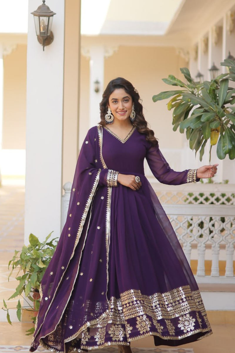 Purple Fake Blooming Georgette Dress with Embroidered Dupatta