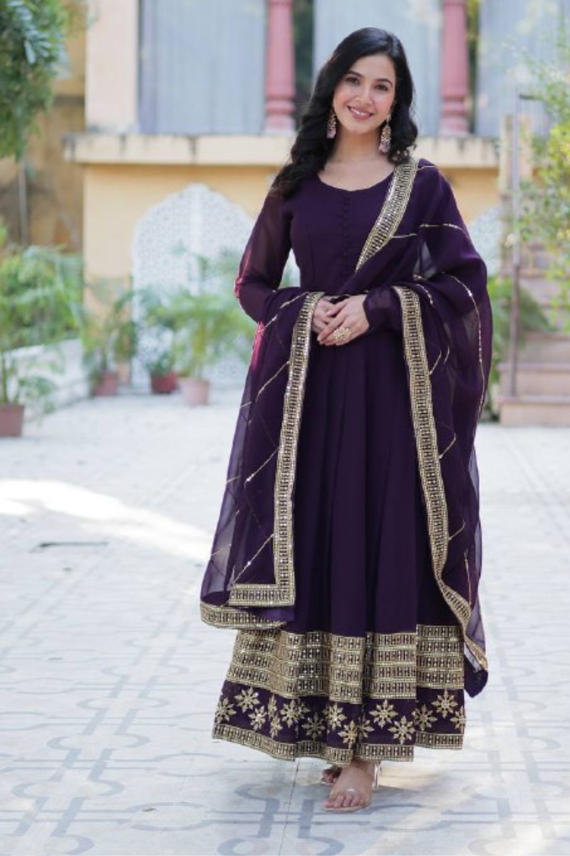 Purple Faux Flower Gown with Multi-Sequin Dupatta