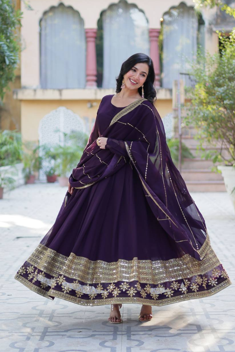Purple Faux Flower Gown with Multi-Sequin Dupatta