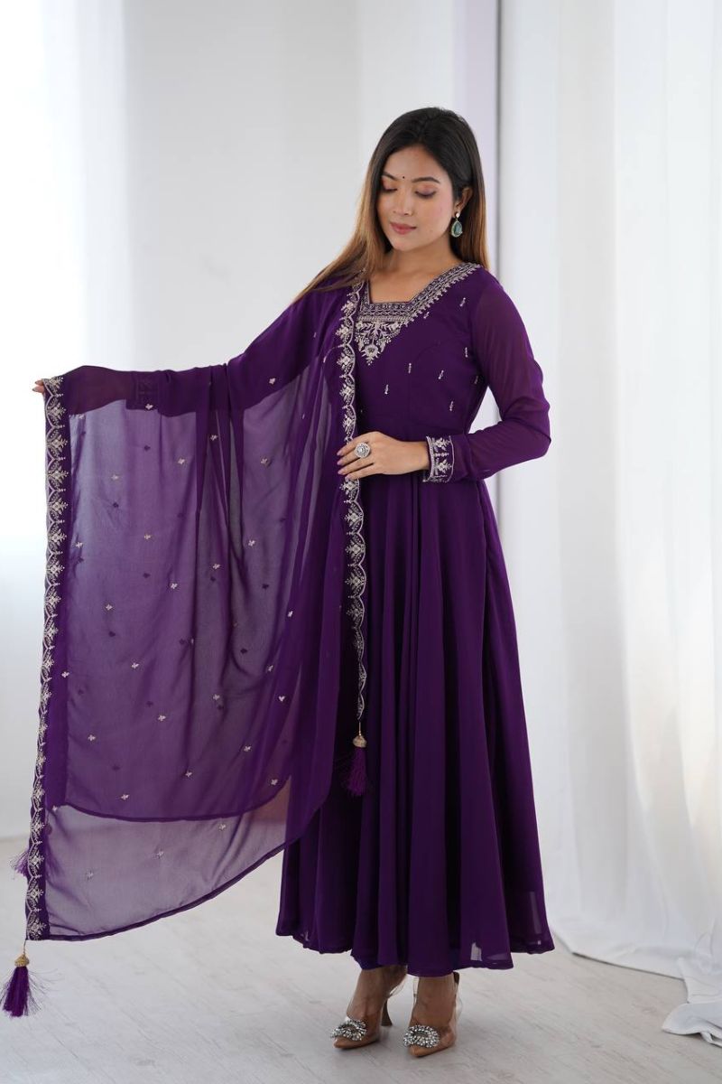 Pure Soft, Heavy Purple Anarkali Gown Dupatta Set in Georgette