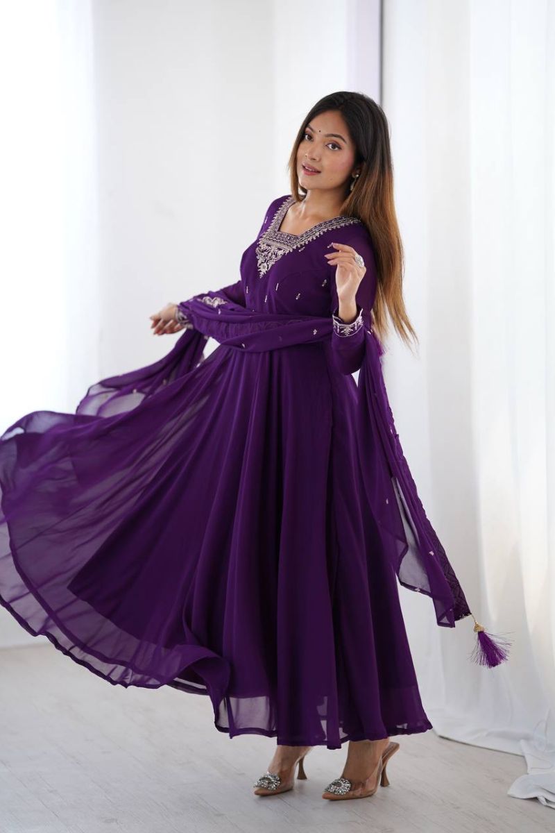 Pure Soft, Heavy Purple Anarkali Gown Dupatta Set in Georgette