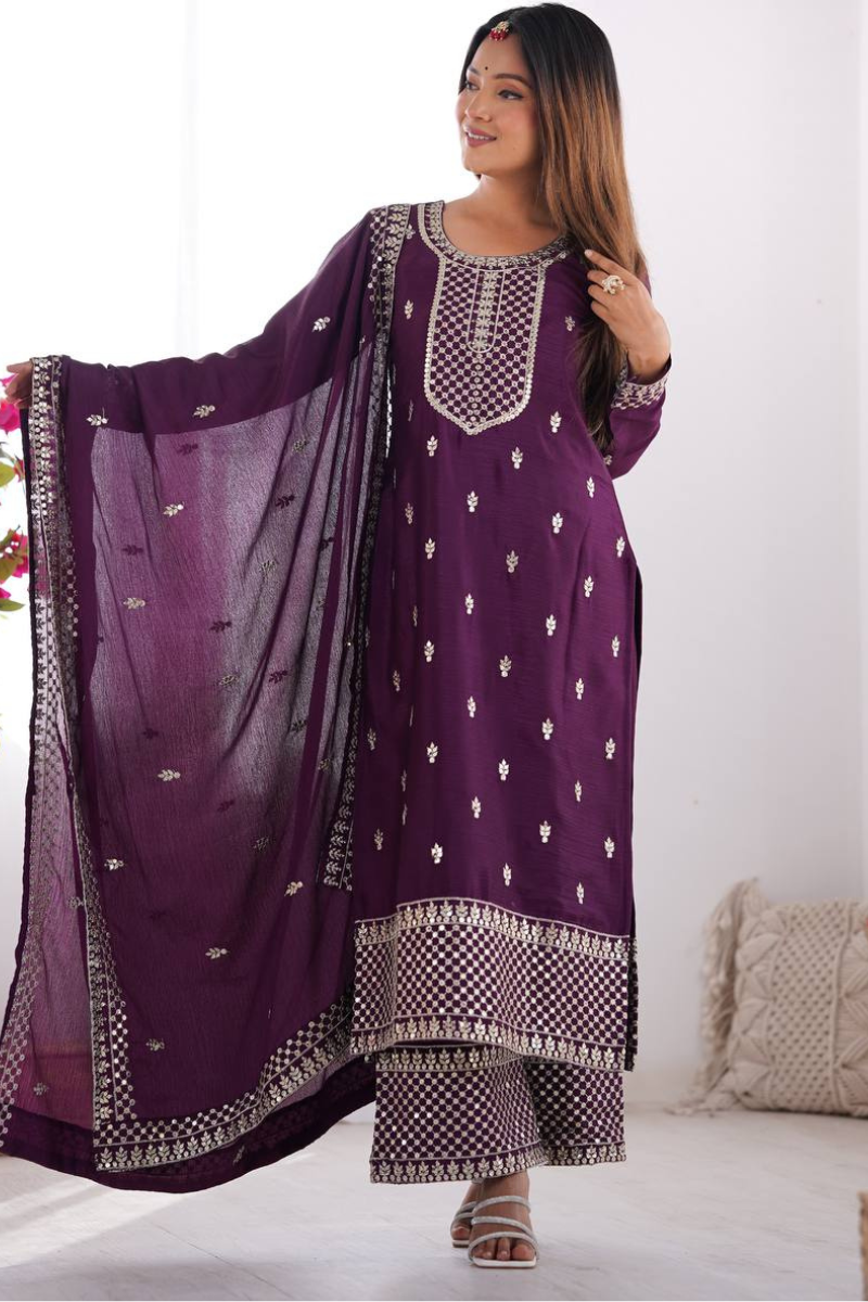 Kurta Pant Dupatta Set in Purple, Heavy, Pure Soft Georgette.