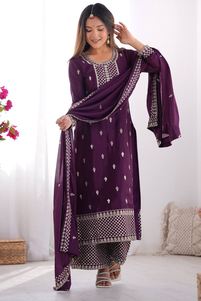 Kurta Pant Dupatta Set in Purple, Heavy, Pure Soft Georgette.