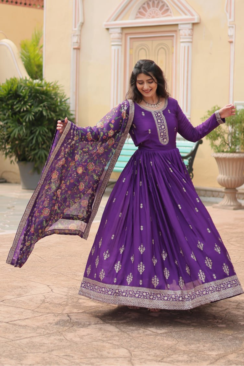 Tebby Silk Gown with Dupatta Printed with Purple Kalamkari
