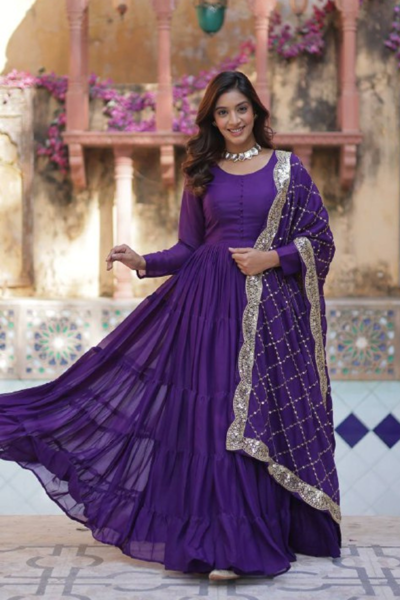 Purple Star Georgette Dress with Embroidered Duaptta