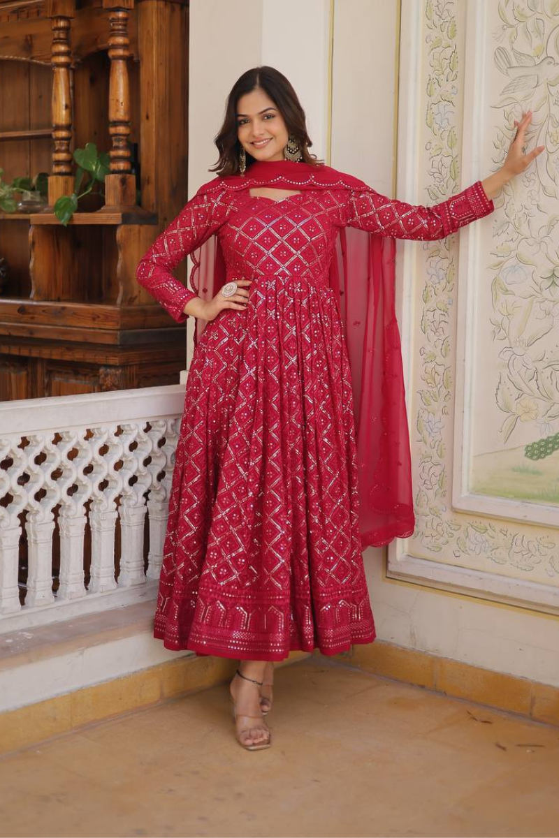 Anarkali Gown with Dupatta in a Faux Blooming Style