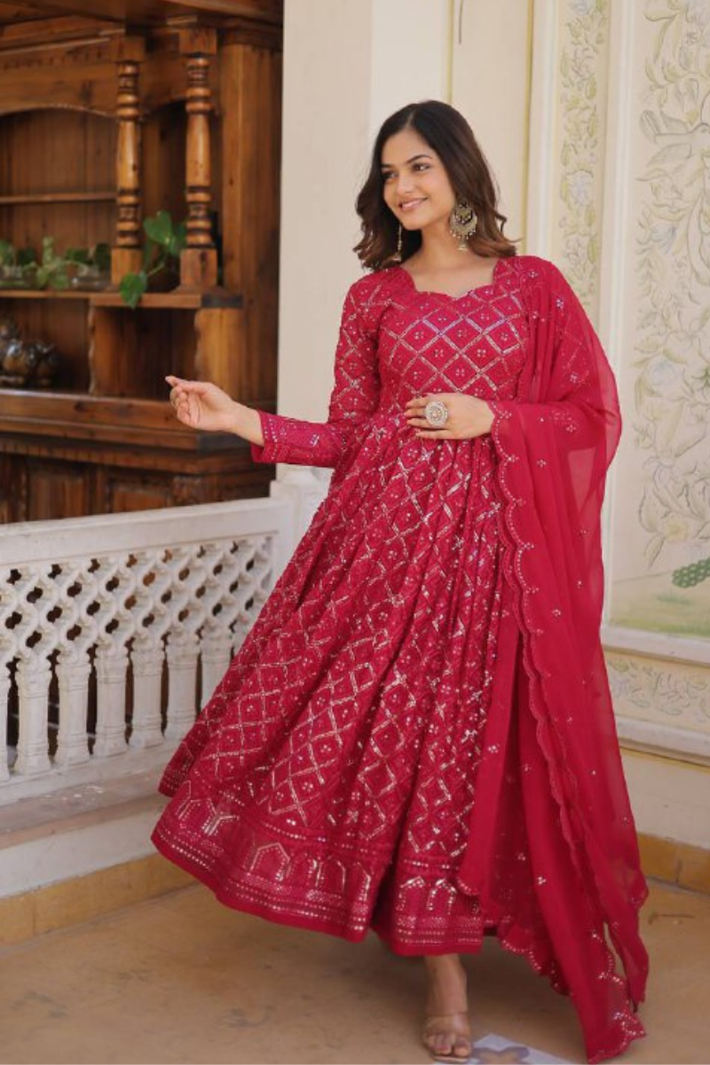 Anarkali Gown with Dupatta in a Faux Blooming Style