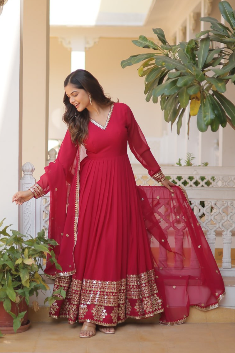 Rani Faux Blooming Georgette Dress with Embroidered Dupatta