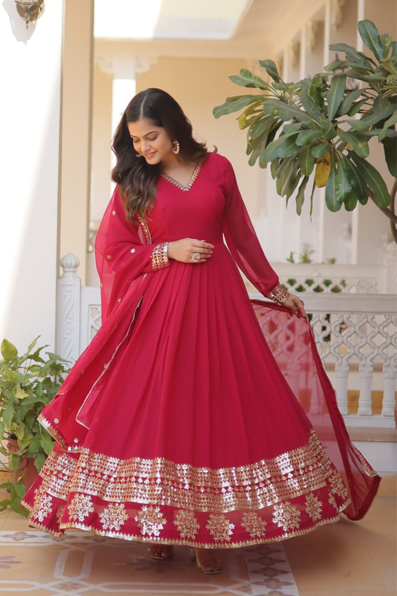 Rani Faux Blooming Georgette Dress with Embroidered Dupatta