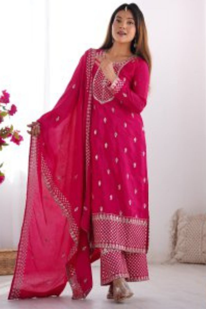 Rani Kurta Dupatta Pant Set in Pure Chinon Silk Fabric