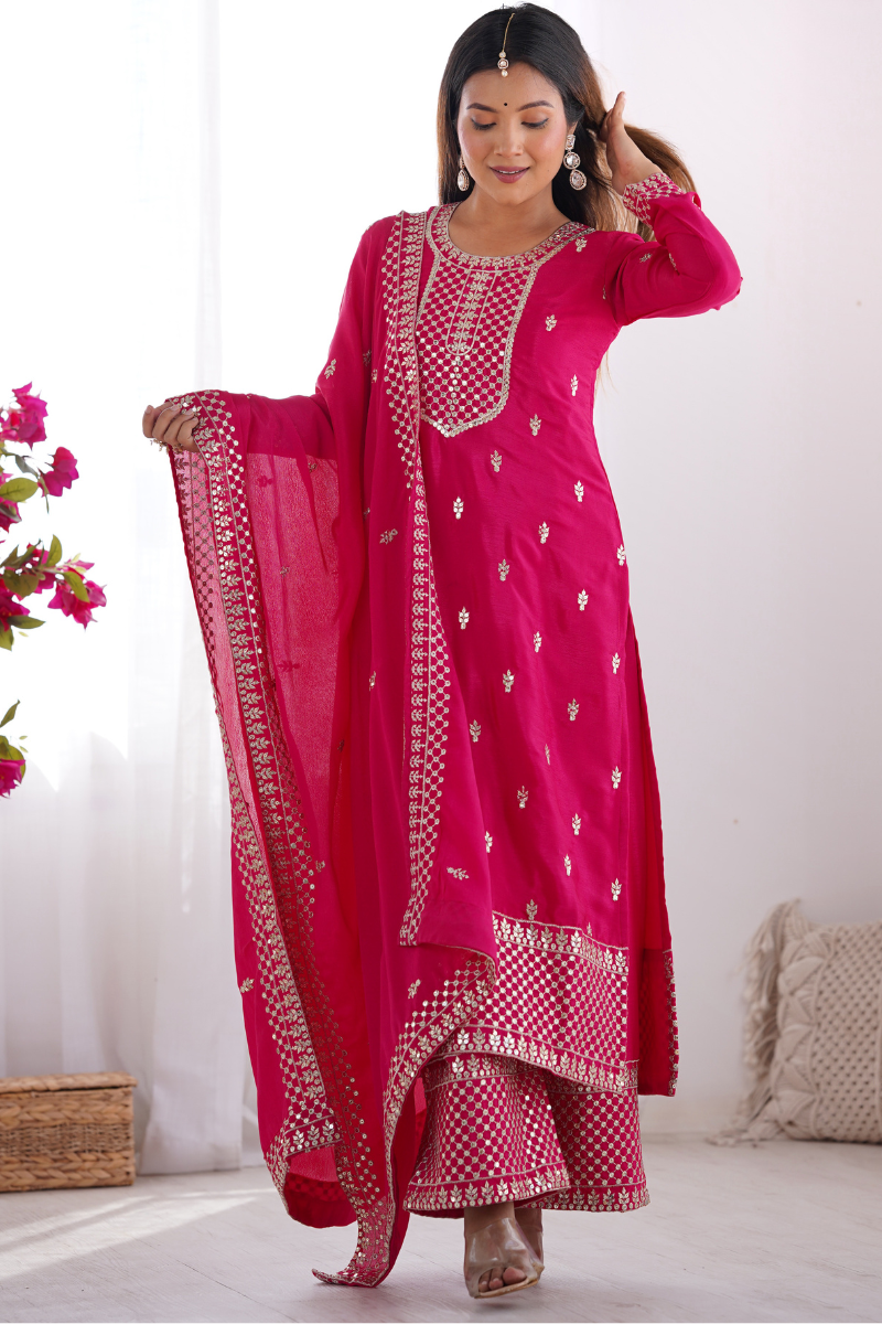 Rani Kurta Dupatta Pant Set in Pure Chinon Silk Fabric