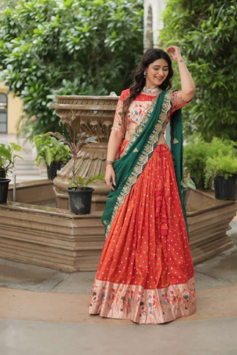 Red Cosmos Jequard Embroidered with Meena Weaving