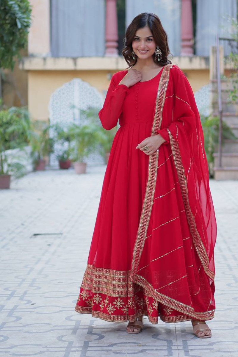 Red Fake Blooming Gown with Multi-Sequin Dupatta