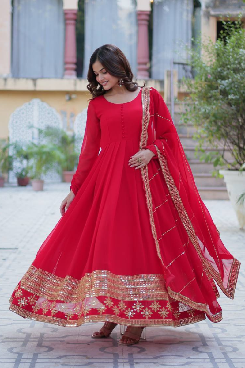 Red Fake Blooming Gown with Multi-Sequin Dupatta