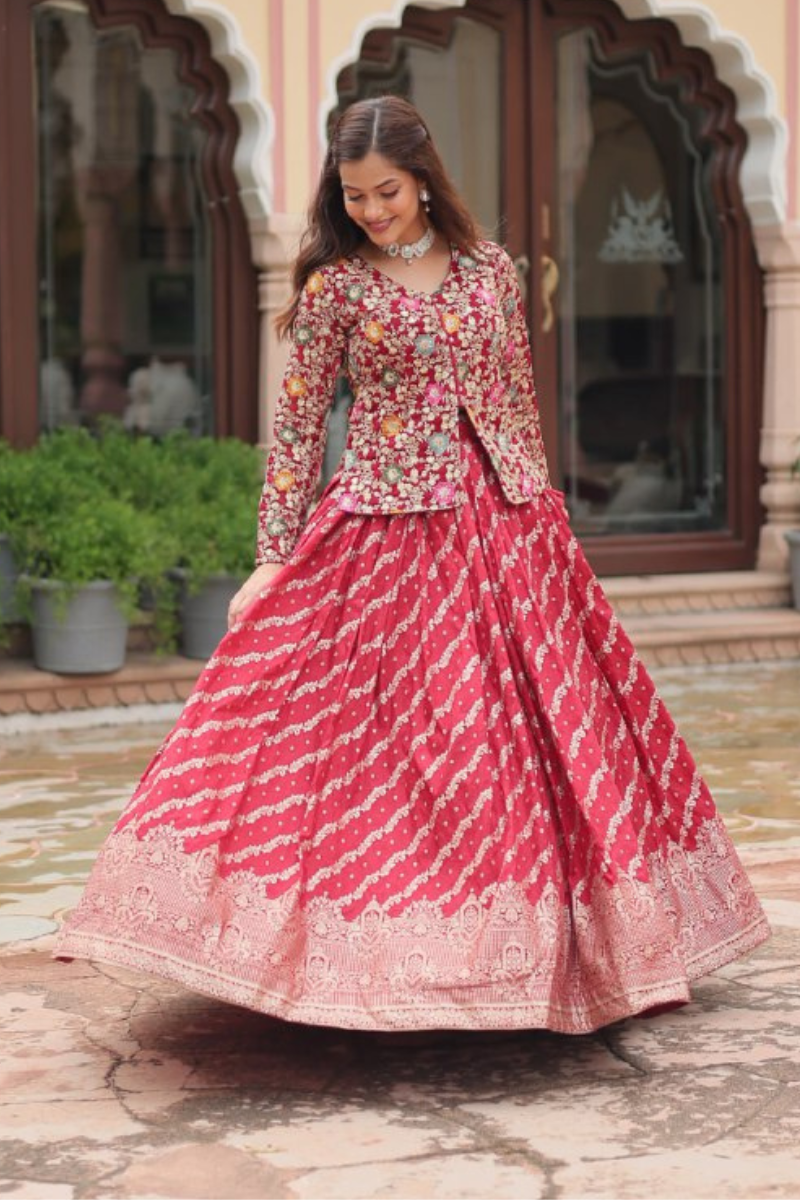 Embroidered Red Pure Dayble Viscose Jequard Lehanga Top Set