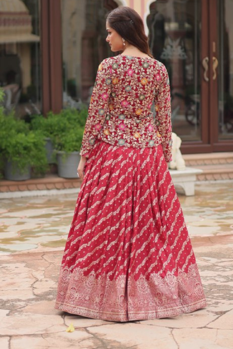 Embroidered Red Pure Dayble Viscose Jequard Lehanga Top Set