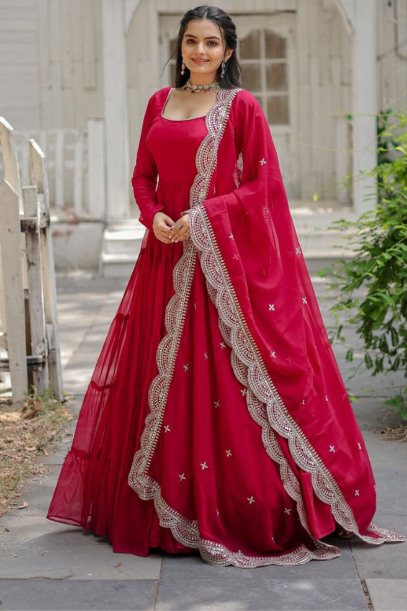 Full-flared, red, faux-flowering gown with dupatta
