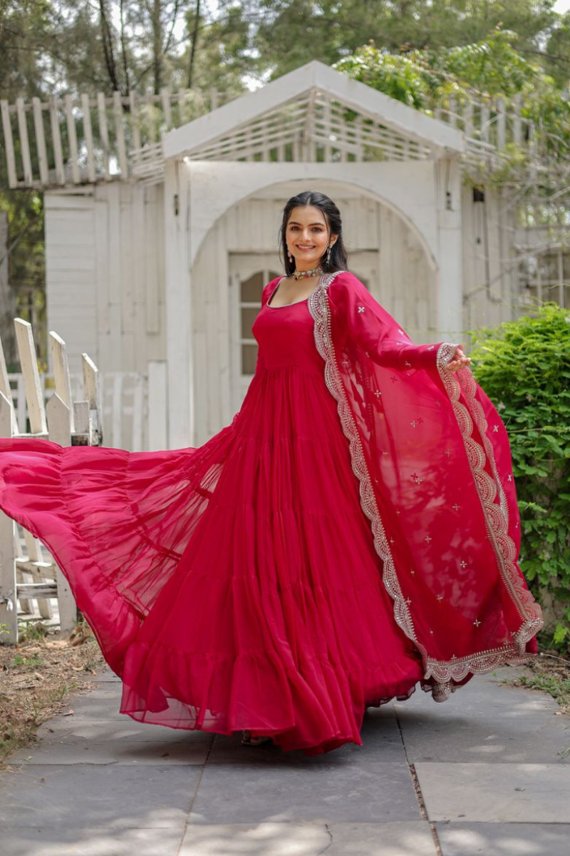 Full-flared, red, faux-flowering gown with dupatta