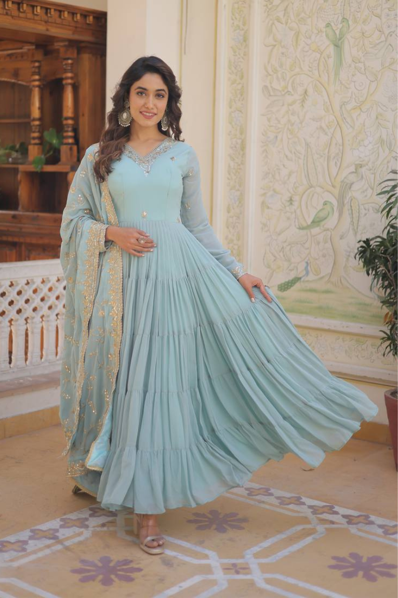 Faux Sky Blue Georgette Dress with Embroidered Dupatta