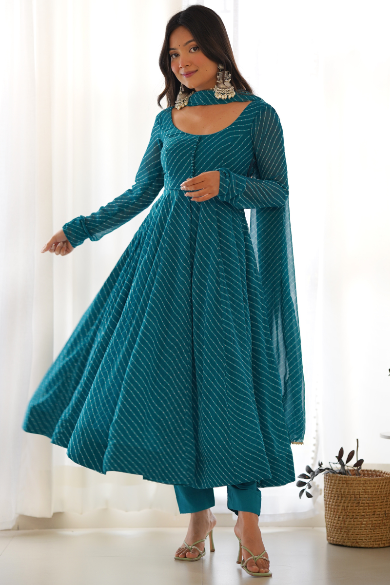 Gown Made of Pure Fox Georgette in Sky Blue with Dupatta