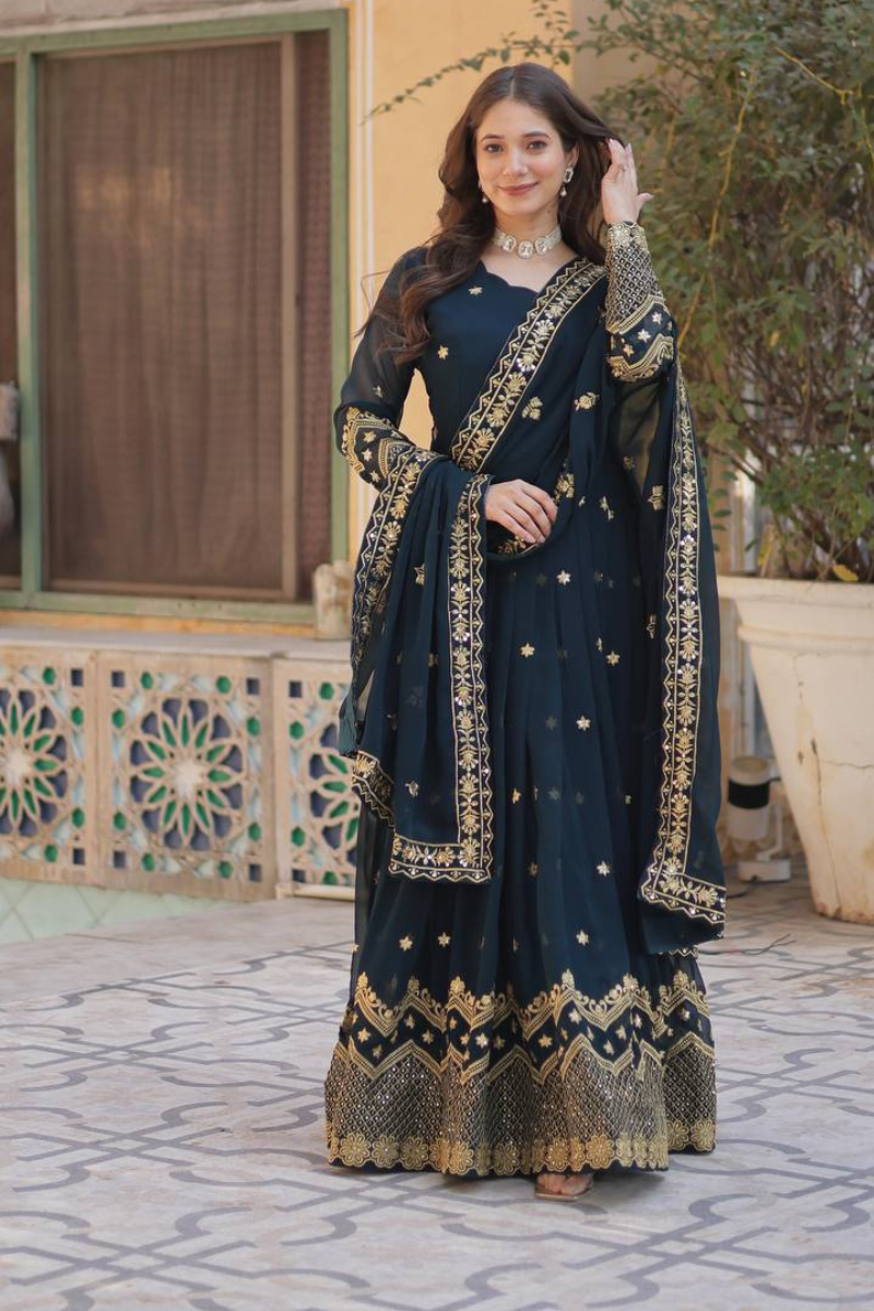 Teal Georgette Dress with Faux Blooming and Dupatta